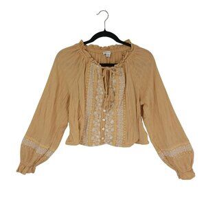 American Eagle Blouse Y2K Embroidered Boho Bohemia S Cotton Blend Mustard Womens